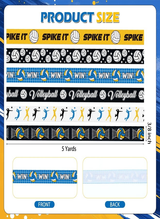شريط كرة طائرة من Pineraap، 6 لفات، 30 ياردة، شرائط غروغرين زرقاء وصفراء 3/8 بوصة بنمط Spike It Win، مثالية لتزيين الشعر، وربطات الشعر، والأكاليل، والأعمال اليدوية، وتغليف الهدايا، ولوازم حفلات فرق كرة الطائرة. - Image 3